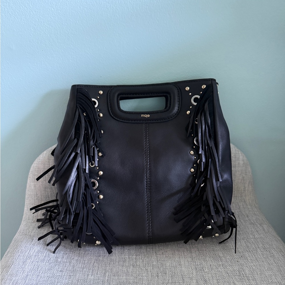 Maje Studded Black Fringe Tote Bag